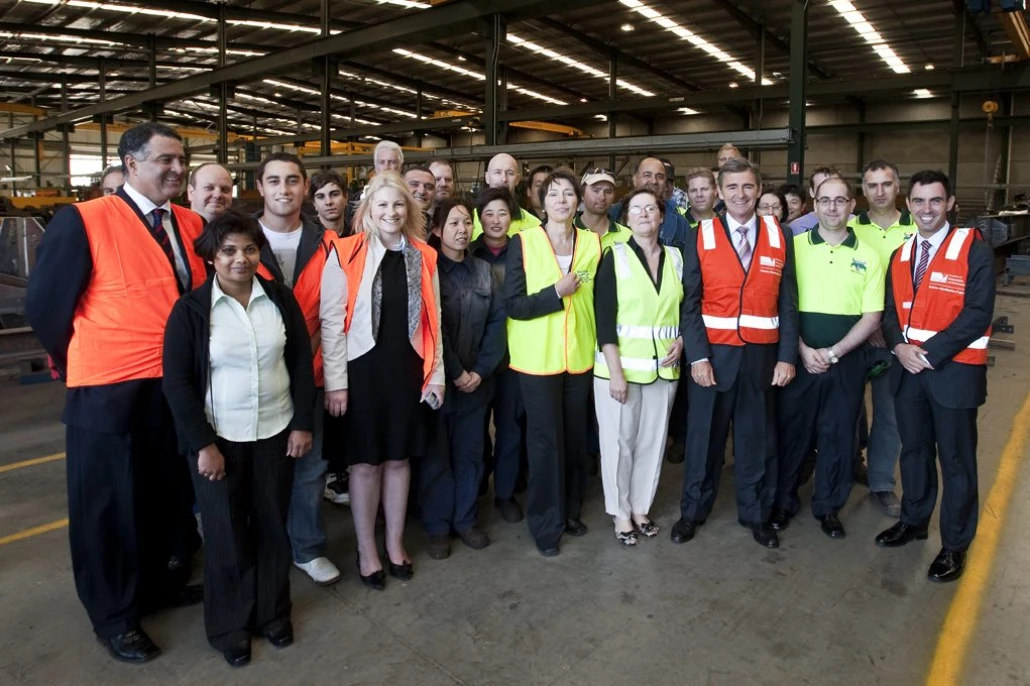 4 March 2010 - Premier John Brumby, Water Minister Tim Holding, AquaSure Chairman Chloe Munro and the Page Steel team